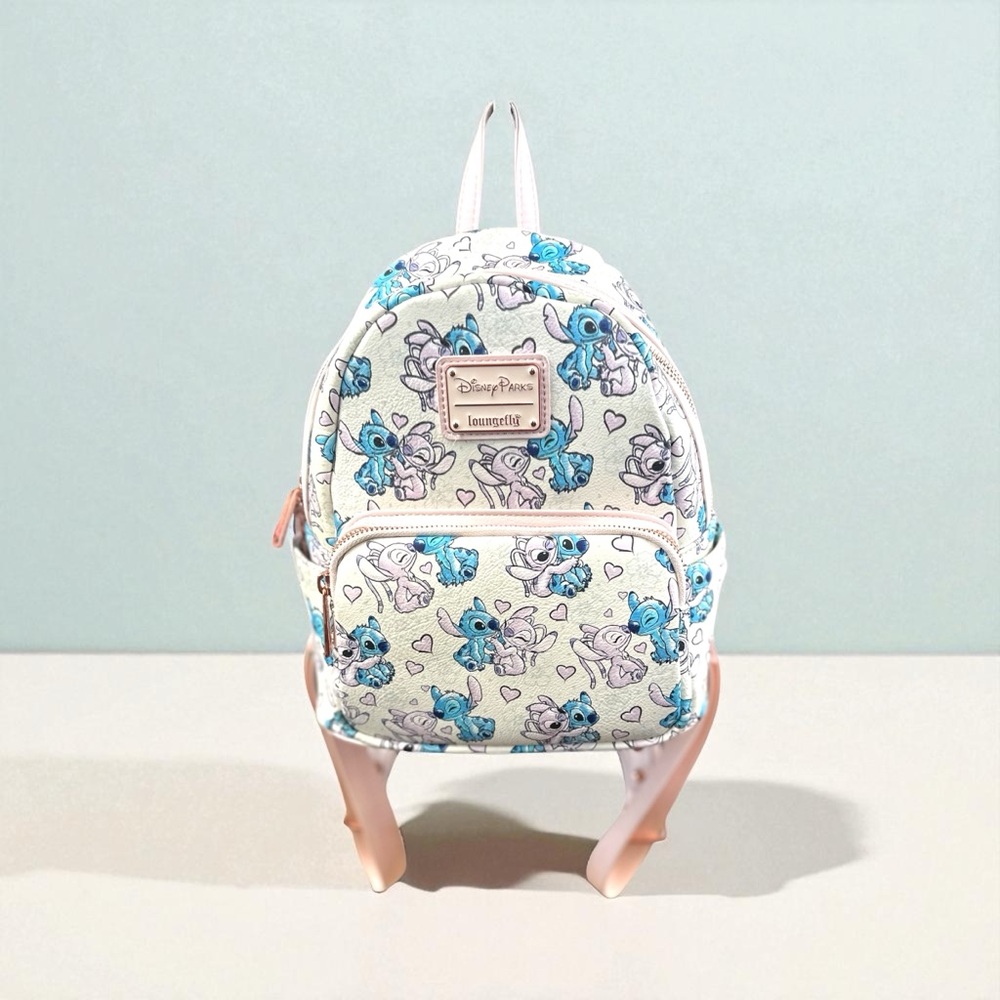 Loungefly Disney Parks Mini Backpack Stitch & Angel Valentines Day Rose Gold